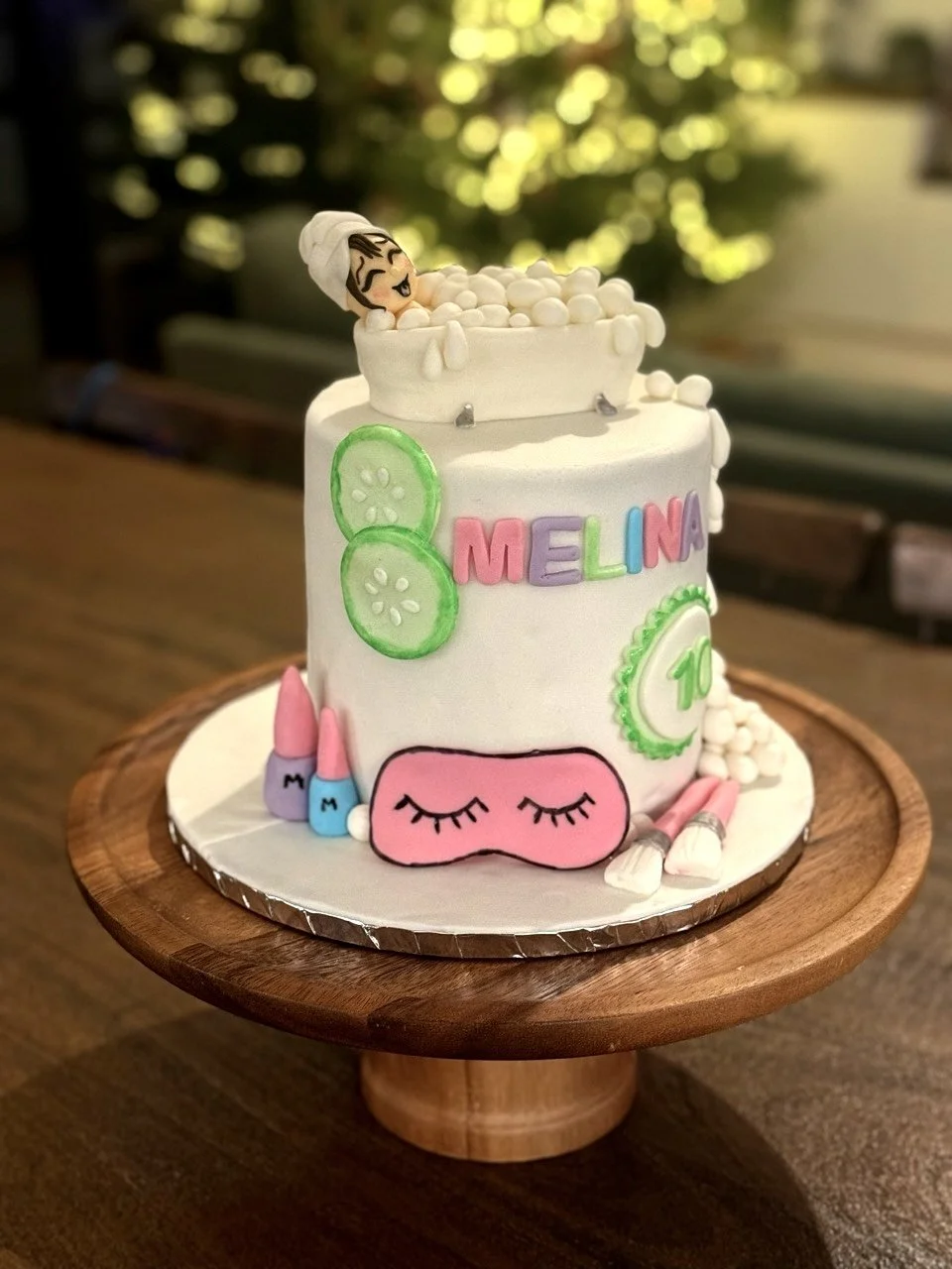 Spa and makeup themed children's birthday cake custom made in Cambridge