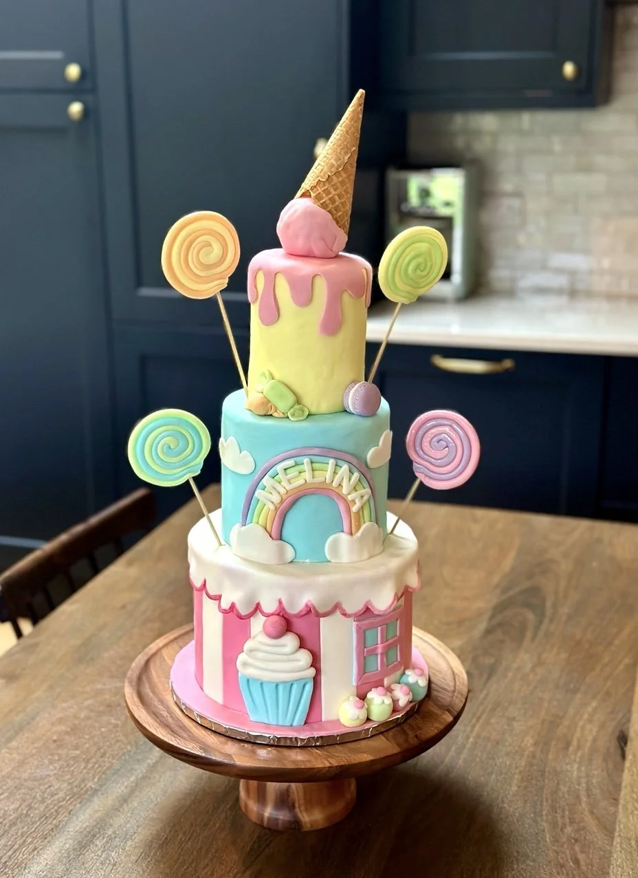 Whimsical ice cream cone drip birthday cake for children Cambridge