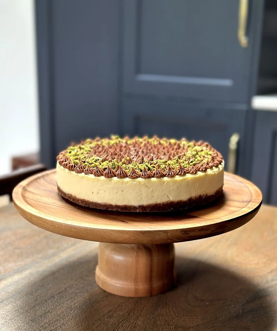 Gourmet chocolate pistachio baked cheesecake handmade in Cambridge