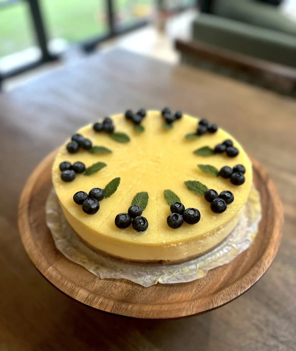 Zesty lemon and blueberry baked cheesecake freshly made in Cambridge