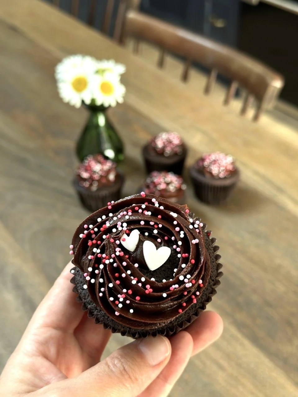 Dark chocolate heart Valentine's cupcakes made in Cambridge